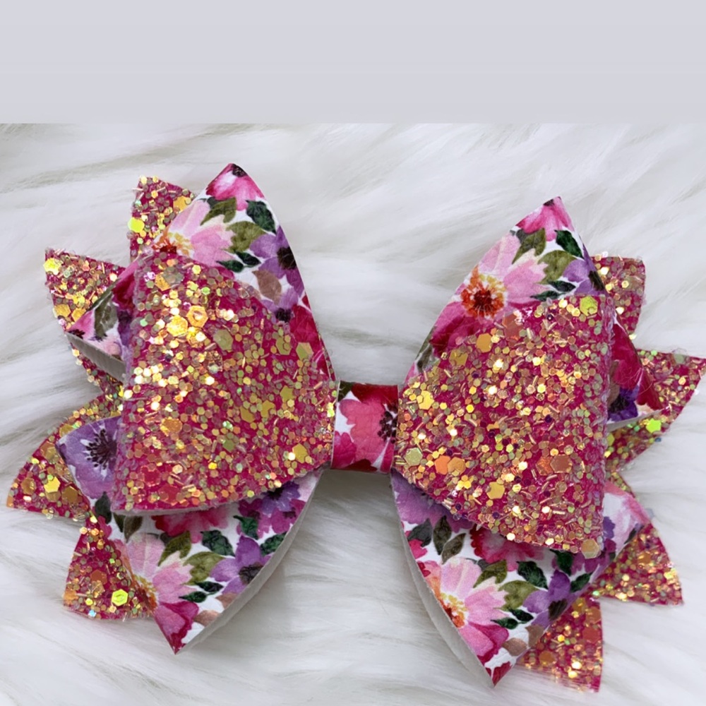 Handmade vegan floral leather & chunky glitter bow